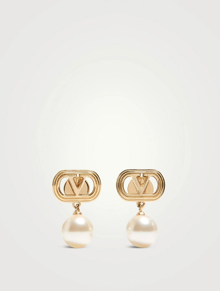 Ovalette VLogo And Faux Pearl Drop Earrings