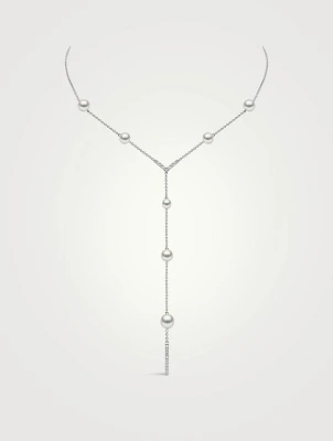 Trend 18K White Gold Freshwater Pearl and Diamond V Necklace