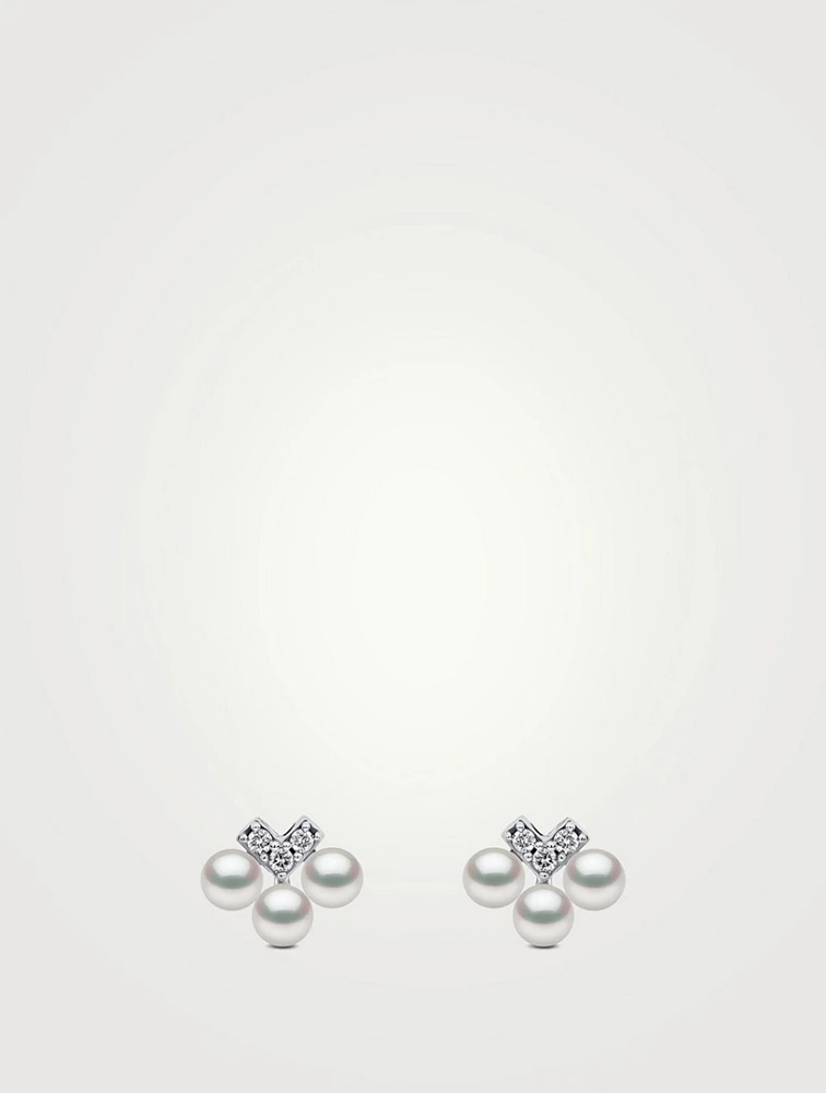 Sleek 18K White Gold Pearl And Diamond V Stud Earrings