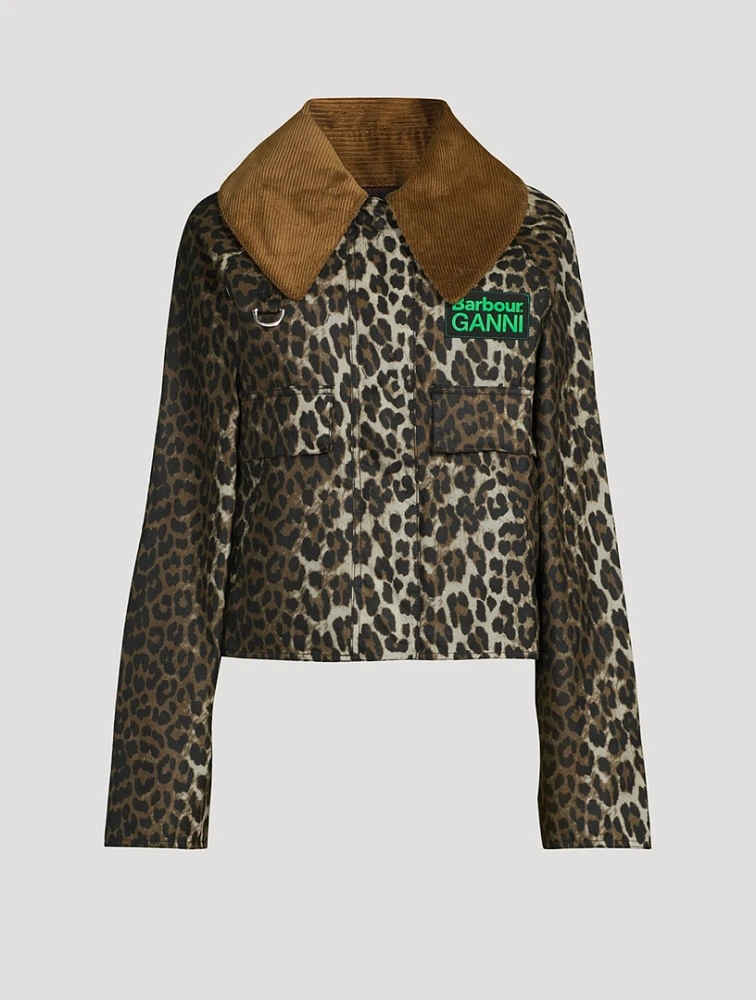 GANNI x Barbour Waxed Cotton Anorak Jacket Leopard Print