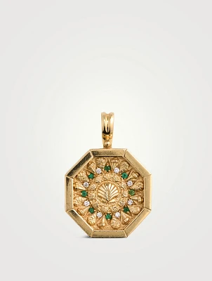Vintage 14K Gold Diamond And Emerald Shell Pendant