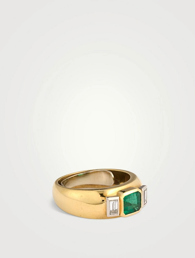 Estate 18K Gold Emerald And Diamond Chubby Band Ring