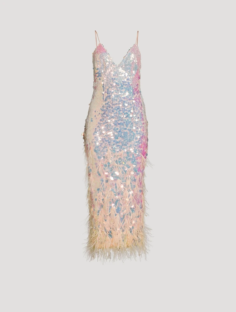 Miriana Feather-Trimmed Sequin Slip Dress