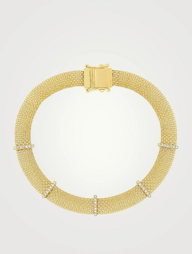 14K Gold Diamond Bar Mesh Bracelet
