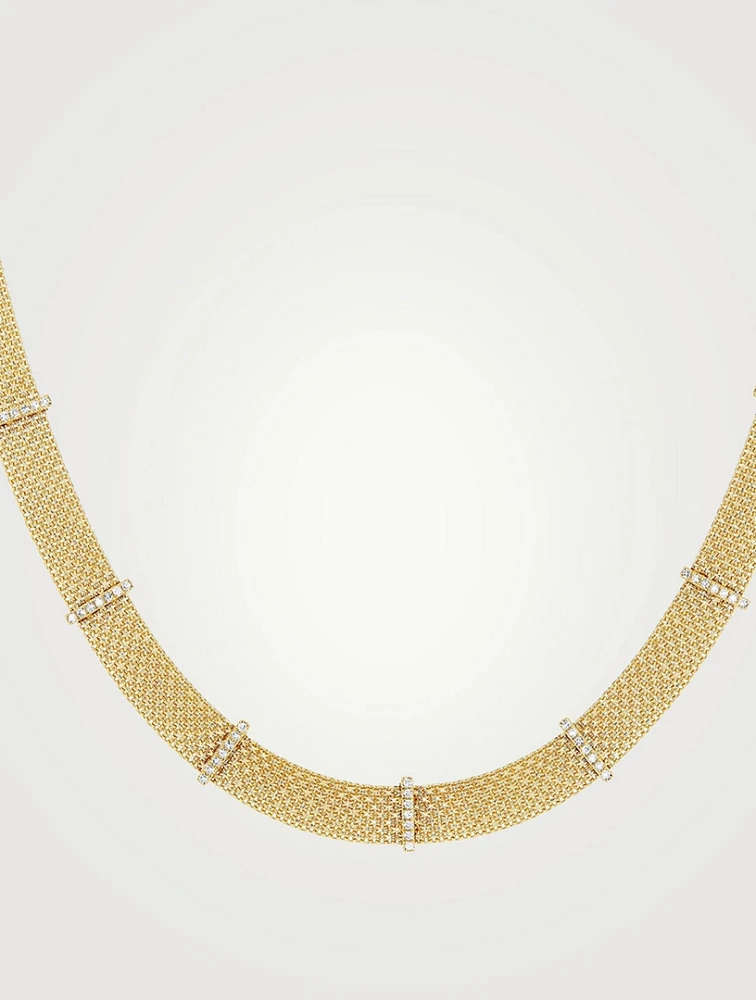 14K Gold Diamond Bar Mesh Necklace