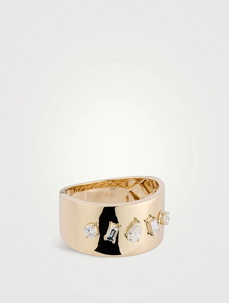 14K Gold Diamond Multifaceted Cigar Ring