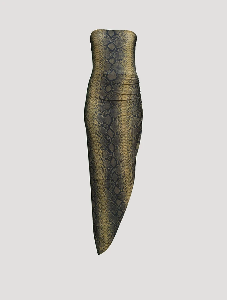 Strapless Draped Gown Python Print