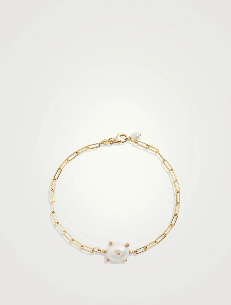 14K Gold Oval Pearl Link Chain Bracelet
