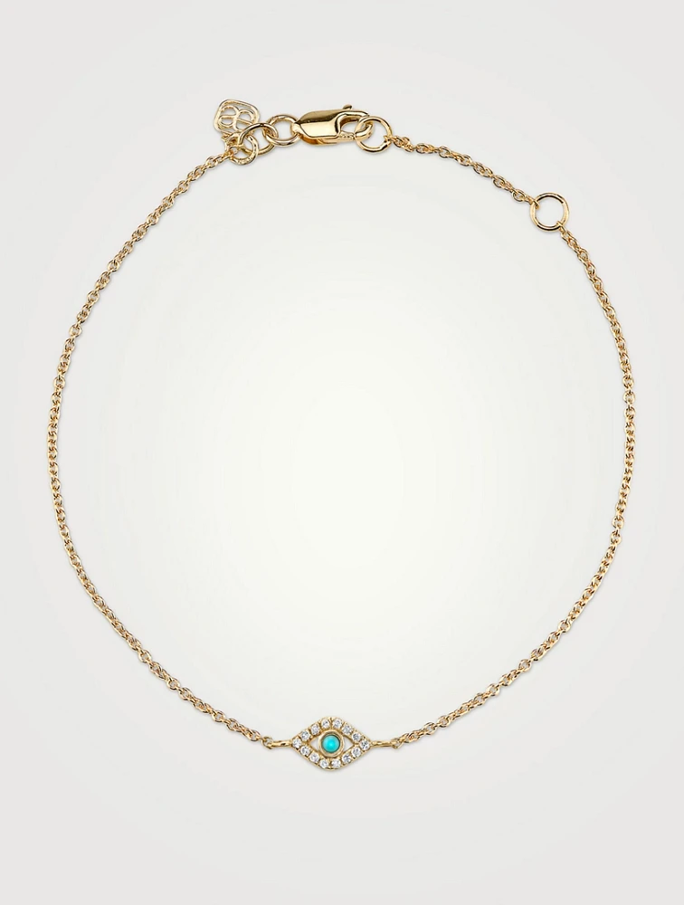 Small Gold Bezel Evil Eye Bracelet With Turquoise And Diamonds