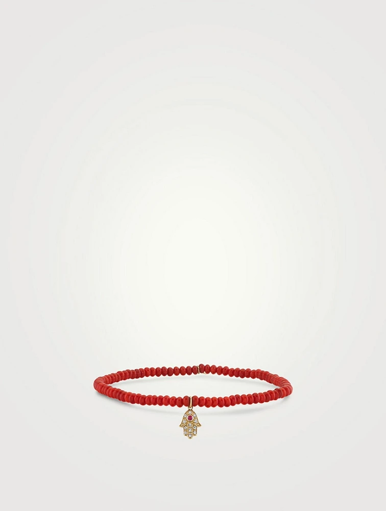 Red Sea Bamboo Beaded Bracelet With 14K Gold Baby Ruby And Diamond Hamsa Charm