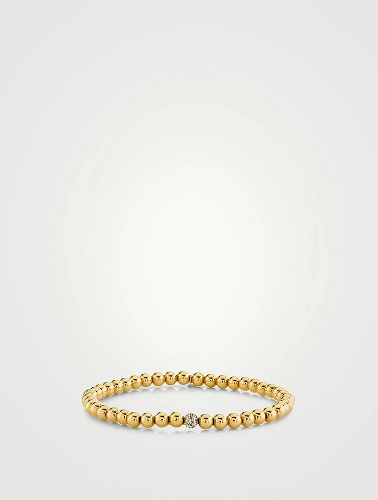 14K Gold Beaded Bracelet With Gold Pavé Diamond Ball