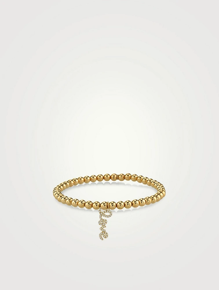 Gold Beaded Bracelet With 14K Gold Diamond Love Script Charm