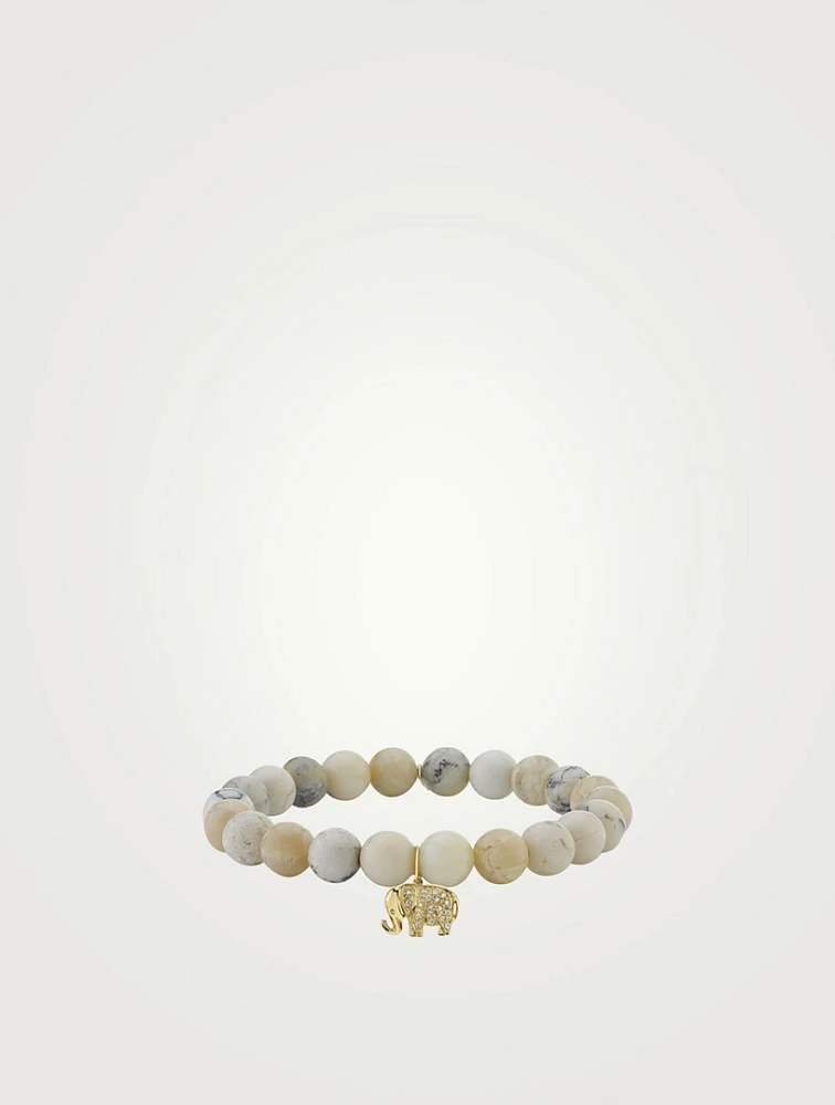 Round African Opal Beaded Bracelet With Small 14K Gold Elephant Charm