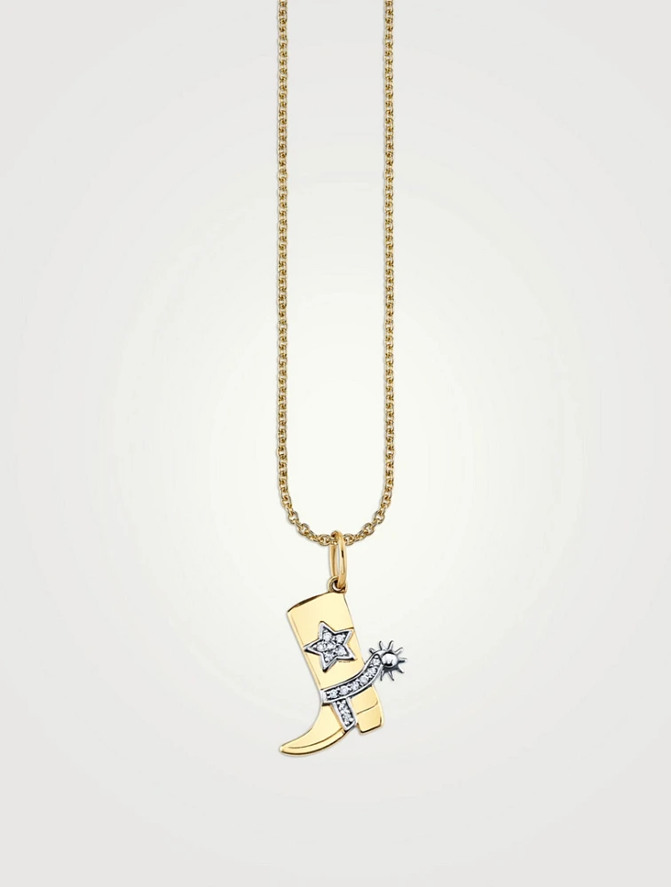 14K Gold Cowboy Boot Charm Necklace With Diamonds