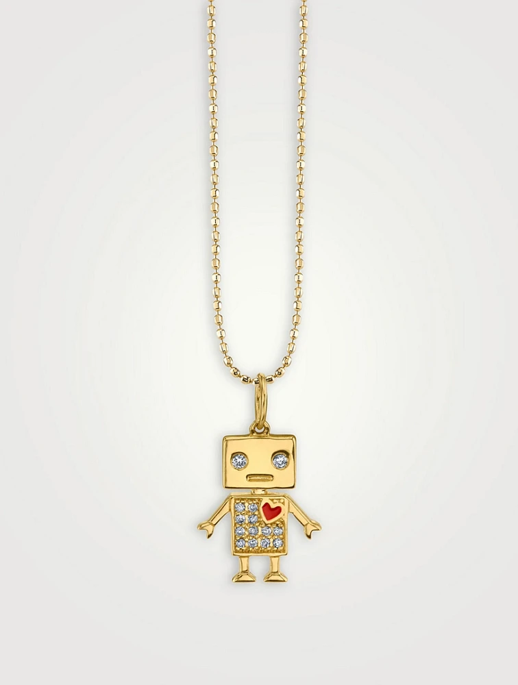 14K Gold Diamond Robot Charm Necklace