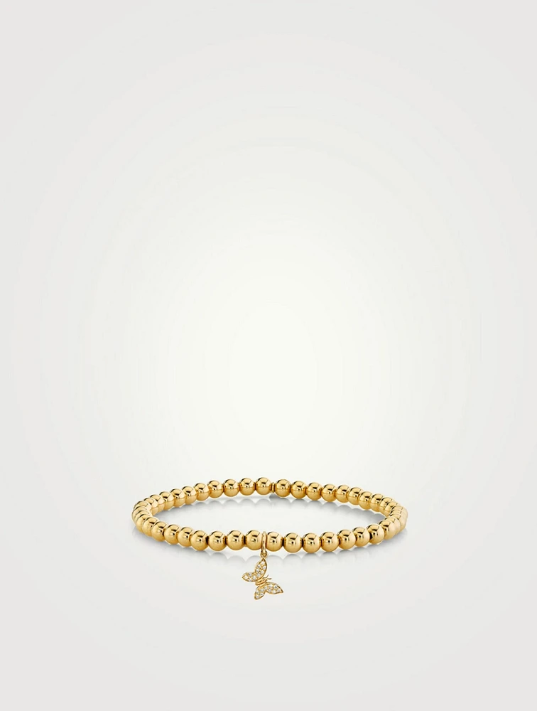 Gold Beaded Bracelet With 14K Gold Diamond Butterfly Charm