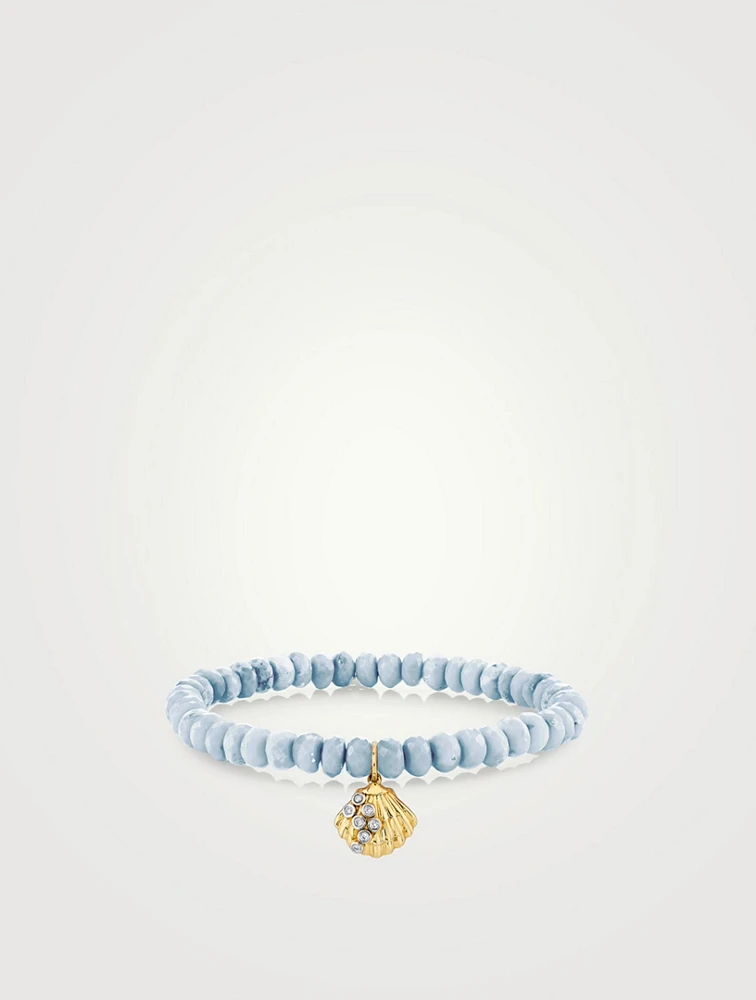 Blue African Opal Beaded Bracelet With Small Gold Clam Shell Charm