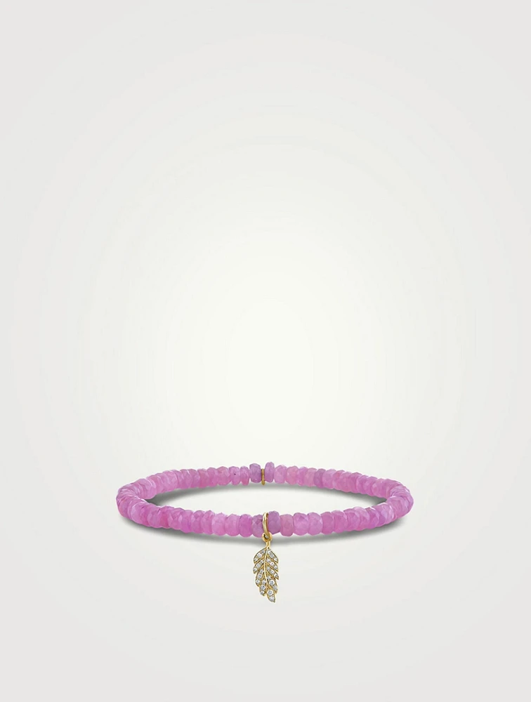 Pink Sapphire Beaded Bracelet With Gold Diamond Tiny Feather Charm