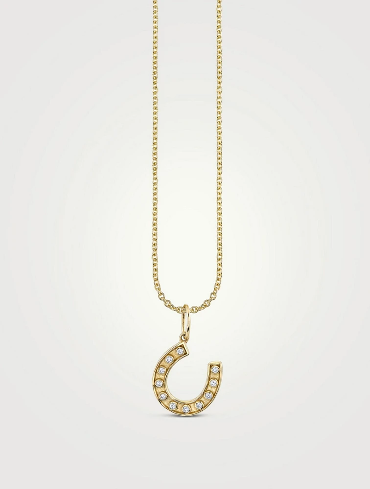 14K Gold Small Bezel Horseshoe Charm Necklace With Diamonds