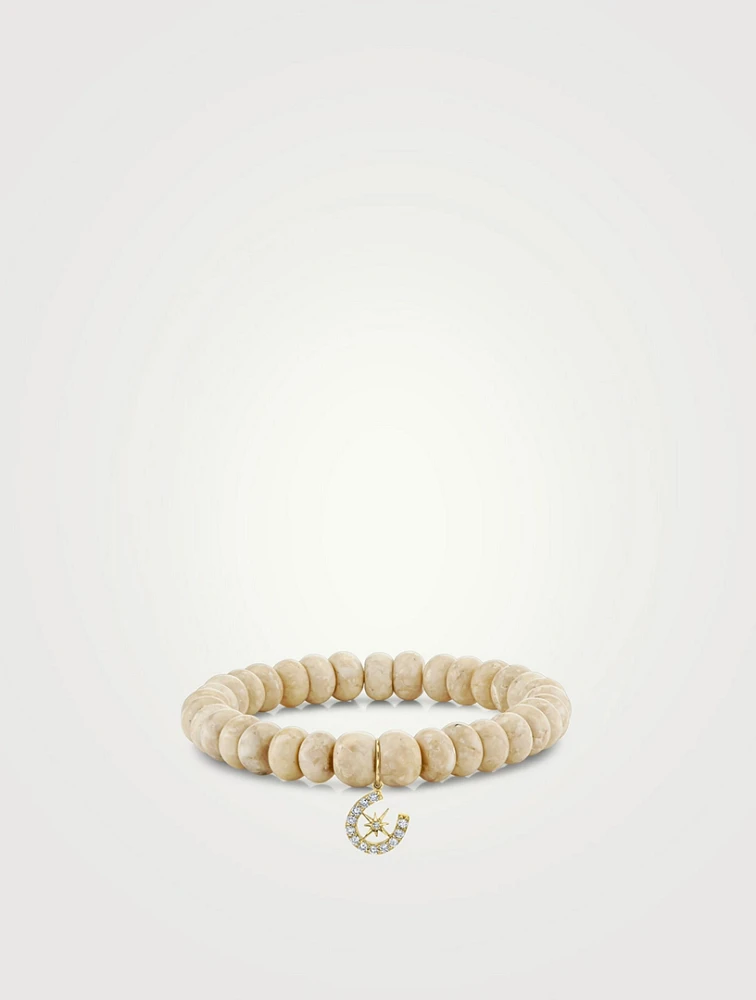 Cream Jasper Smooth Rondelle Beaded Bracelet With Starburst Horseshoe Charm