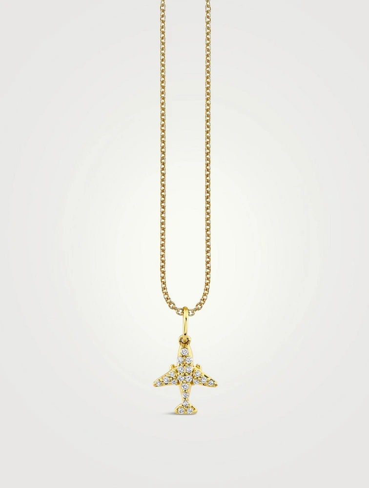 14K Gold Airplane Charm Necklace With Diamonds