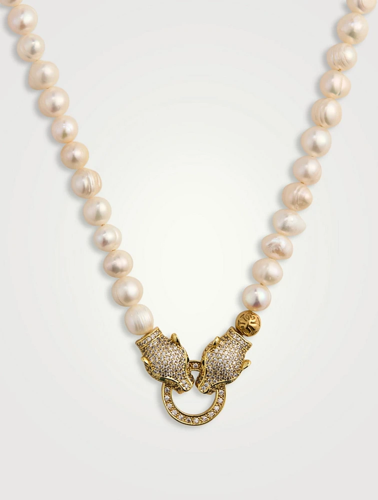 Double Panther Head Pearl Choker Necklace