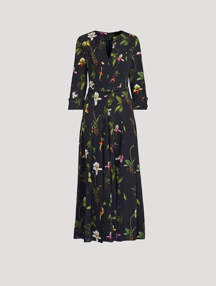 Belted Cady Midi Dress Orchid Print