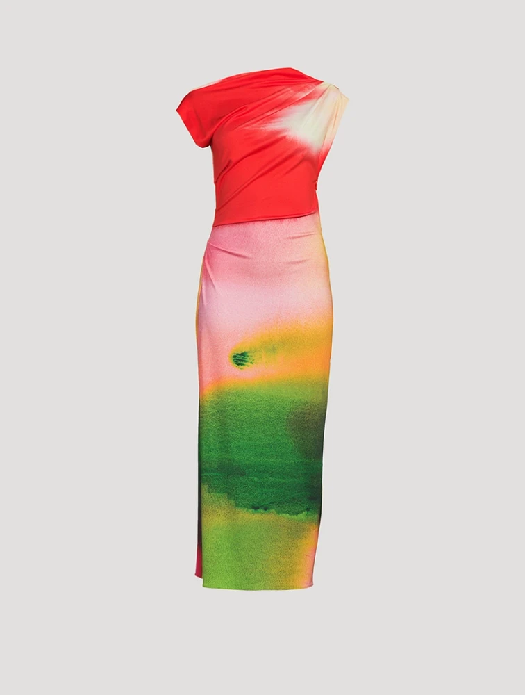 Draped Jersey Midi Dress Abstract Watercolour Print