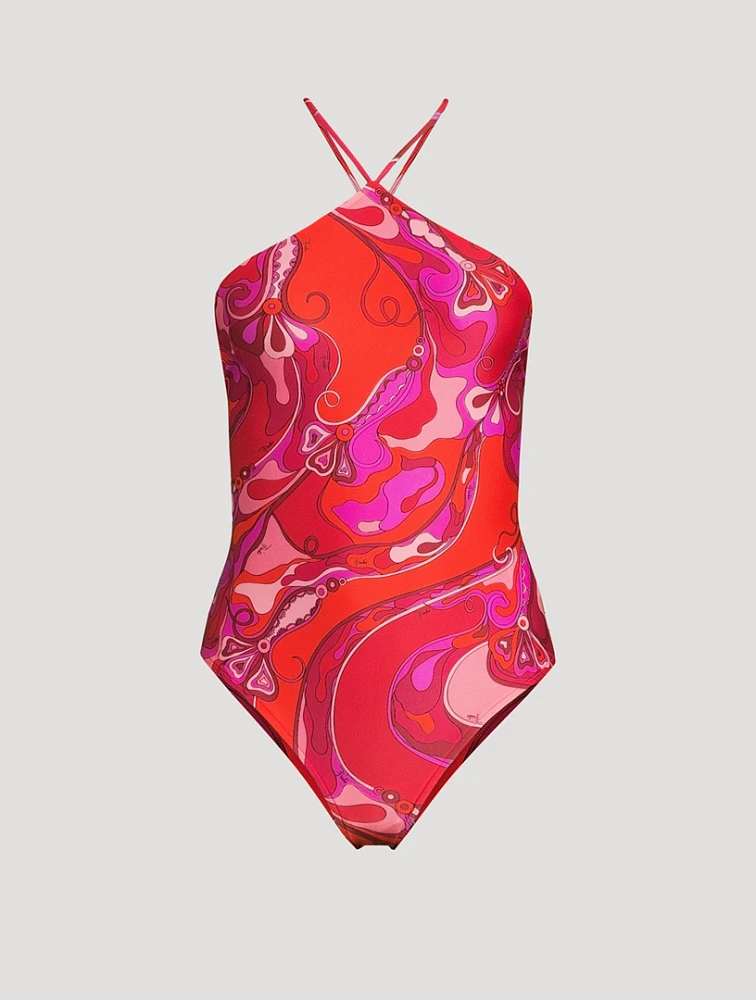 One-Piece Halter Swimsuit Orchidee Print
