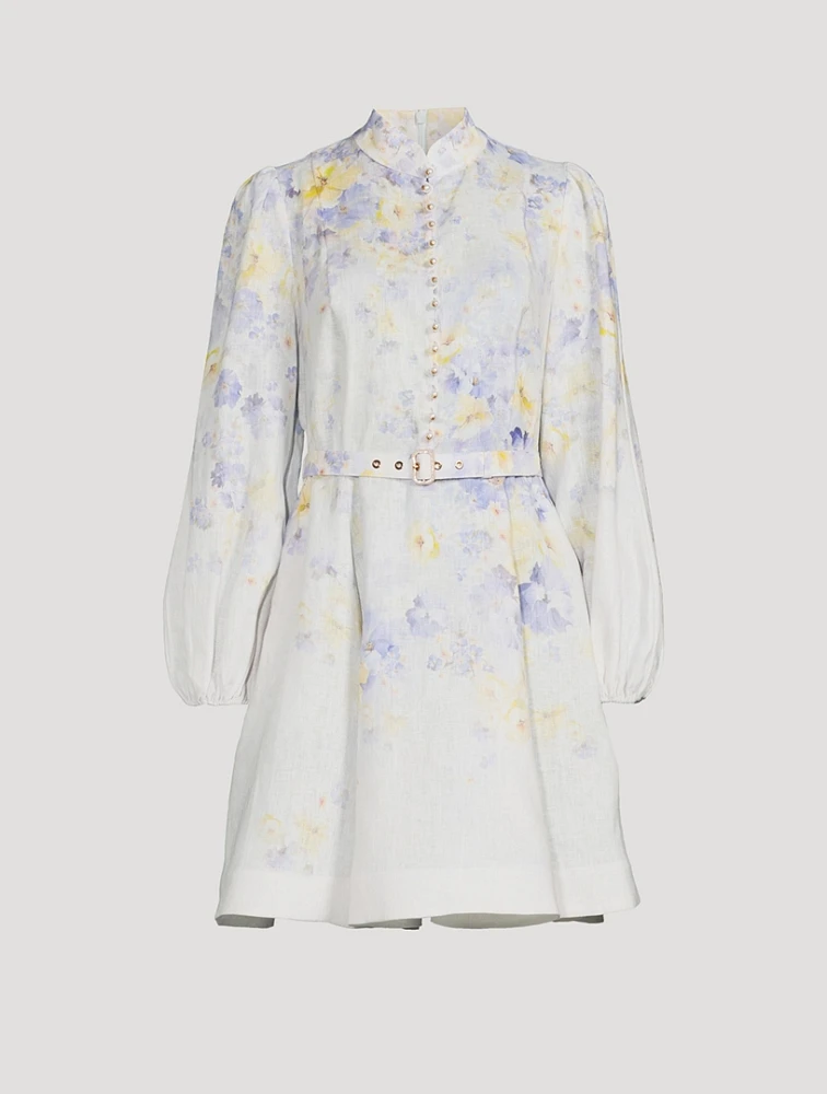 Crush Puff-Sleeve Linen Mini Dress Floral Print