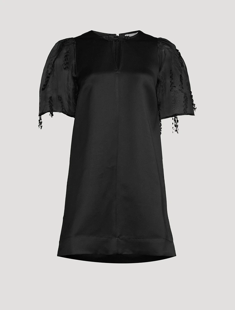 Organza-Sleeve Satin Shift Dress