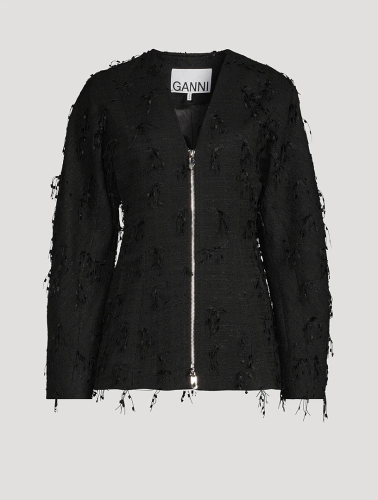 Embellished Tweed Curve-Sleeve Blazer