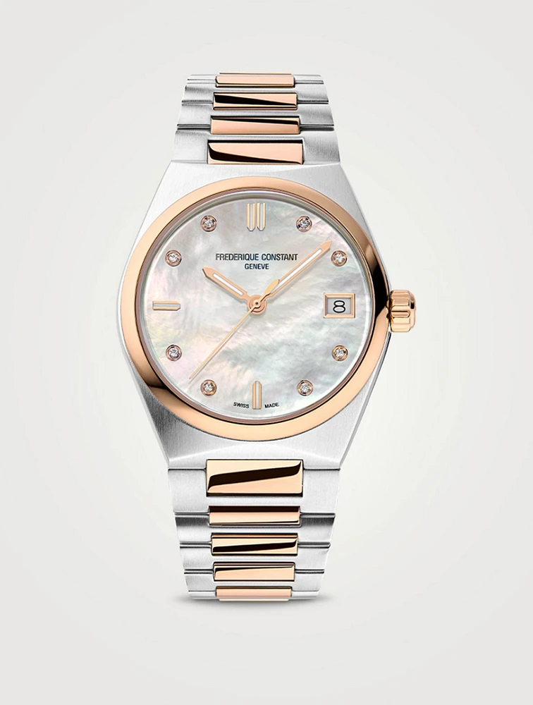 Highlife Slimline Mother-Of-Pearl Stainless Steel Bracelet Watch With Diamonds