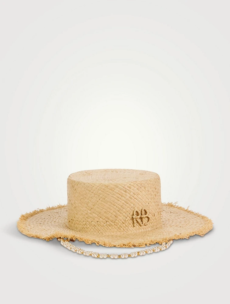 Canotier Straw Hat With Faux Pearl Chain