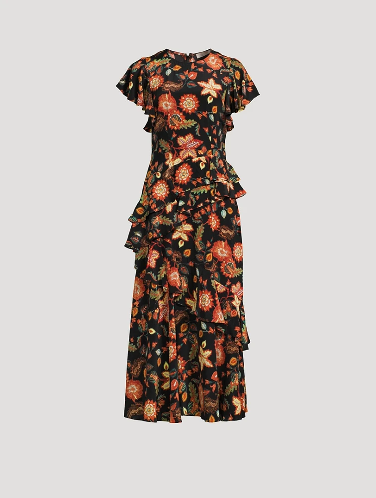 Amaia Ruffled Silk Midi Dress Floral Print