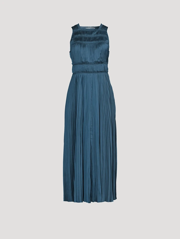 Elle Plissé Satin Midi Dress