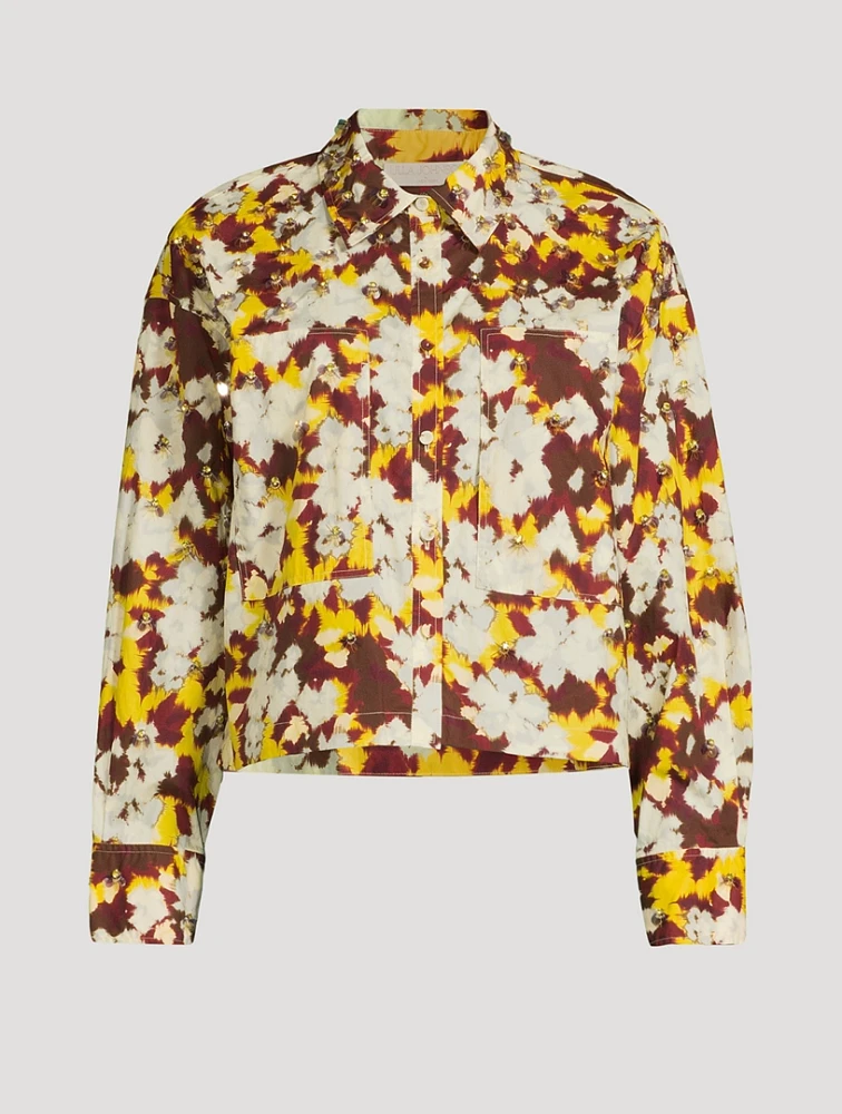 Aria Embellished Cotton Shirt Blurred Floral Print