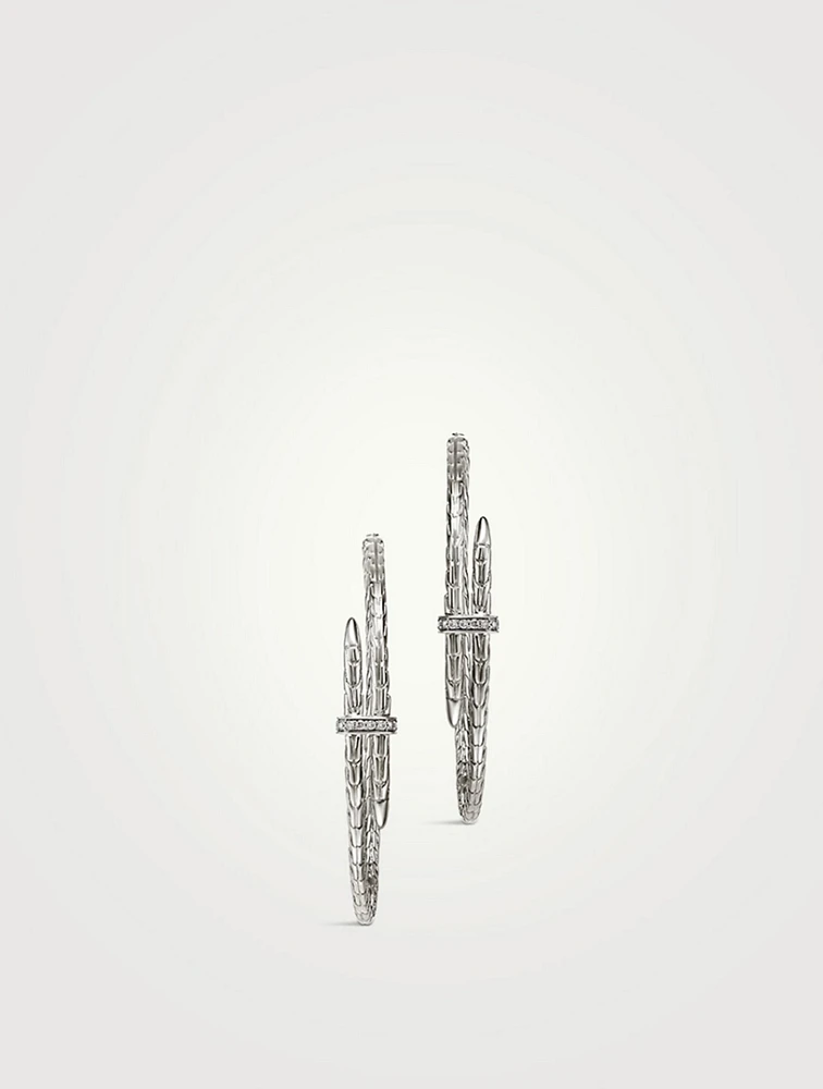 Spear Silver Hoop Earrings With Pavé Diamonds