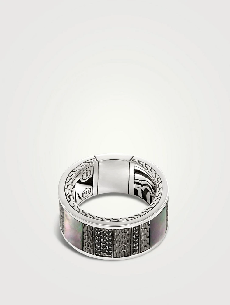 Silver Carved Chain Ring With Gemstones