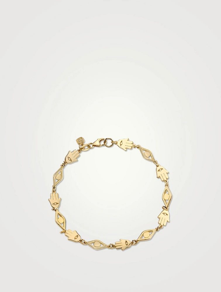 Tiny 14K Gold Pure Hamsa And Evil Eye Link Bracelet