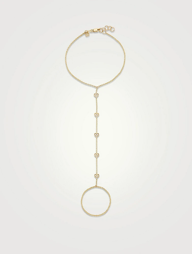 14K Gold Heart Princess Chain Bracelet With Attached Ring And Diamonds