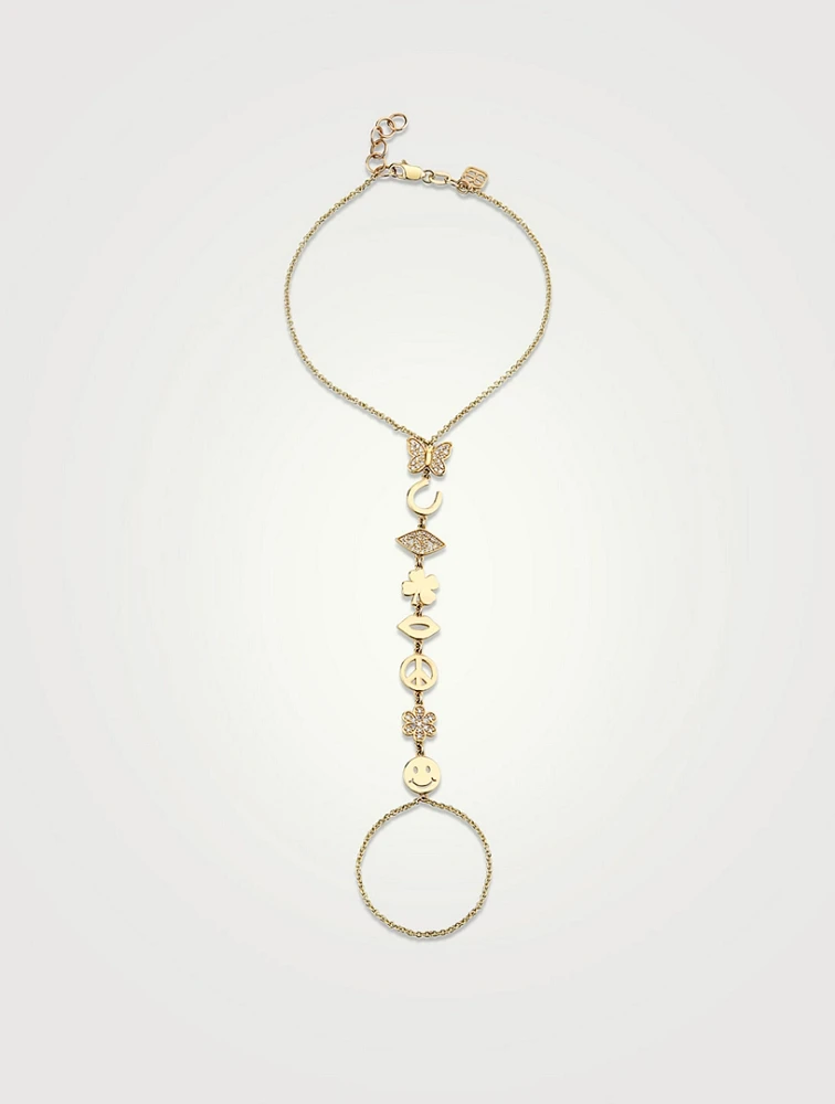 14K Gold Pavé Icons Princess Chain Bracelet With Attached Ring And Diamonds