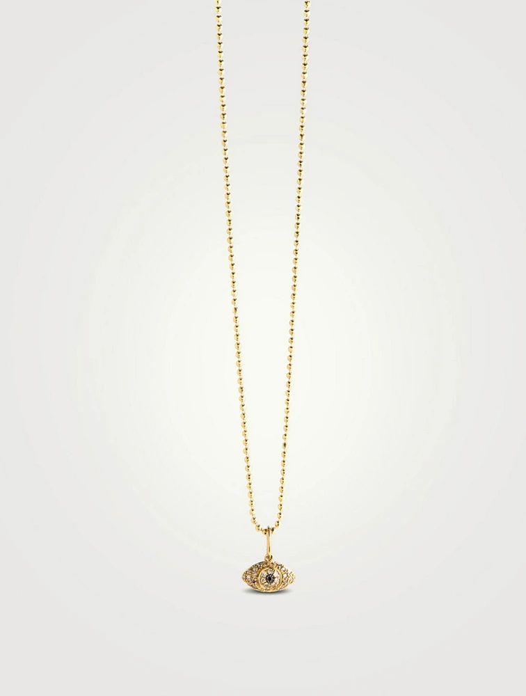 14K Gold Mini Puffy Evil Eye Necklace With Diamonds