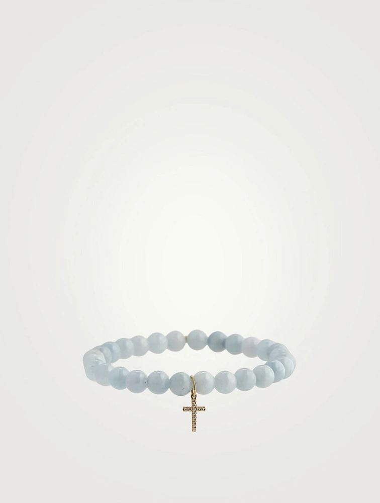 Aquamarine Beaded Bracelet With Small 14K Gold Diamond Cross Charm