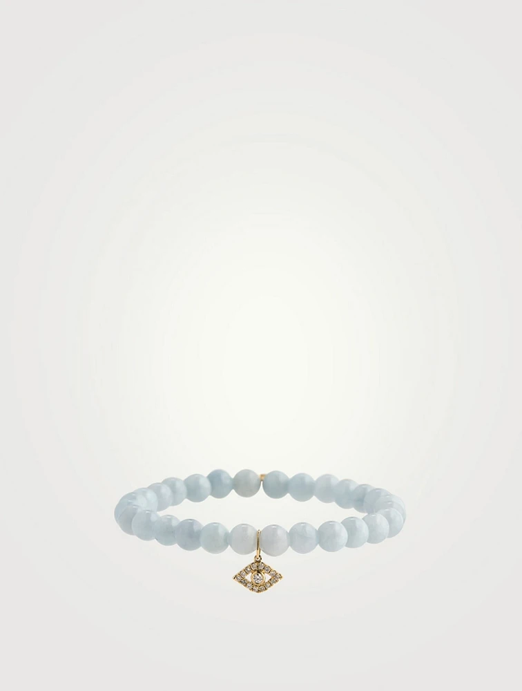 Aquamarine Beaded Bracelet With 14K Gold Large Bezel Diamond Evil Eye Charm