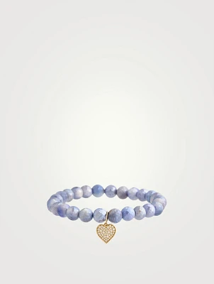 Lavender Opal Beaded Bracelet With 14K Gold Mini Pavé Diamond Heart Charm
