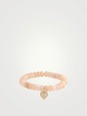 Morganite Beaded Bracelet With 14K Gold Mini Pavé Diamond Heart Charm