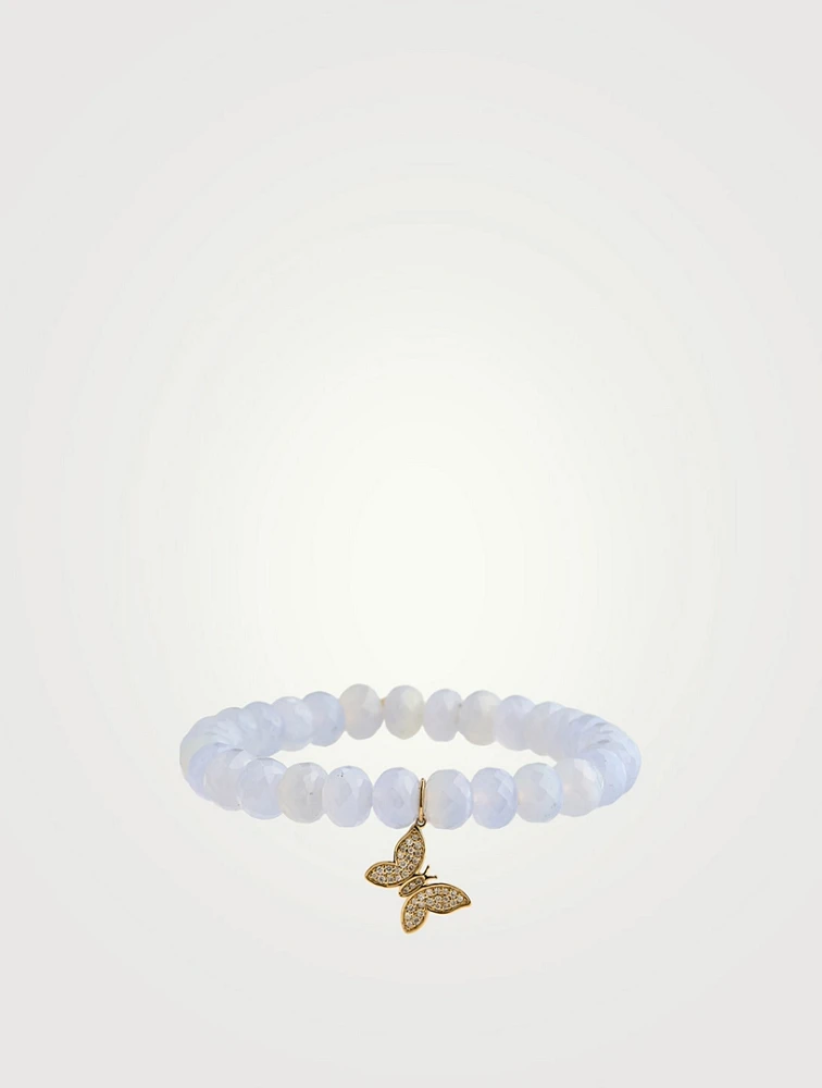 Light Blue Chalcedony Beaded Bracelet With 14K Gold Mini Pavé Diamond Butterfly Charm