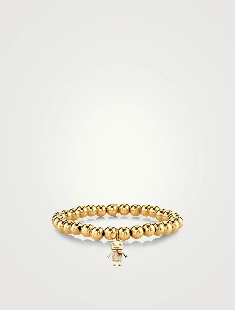 Gold Beaded Bracelet With 14K Gold Diamond Robot Charm