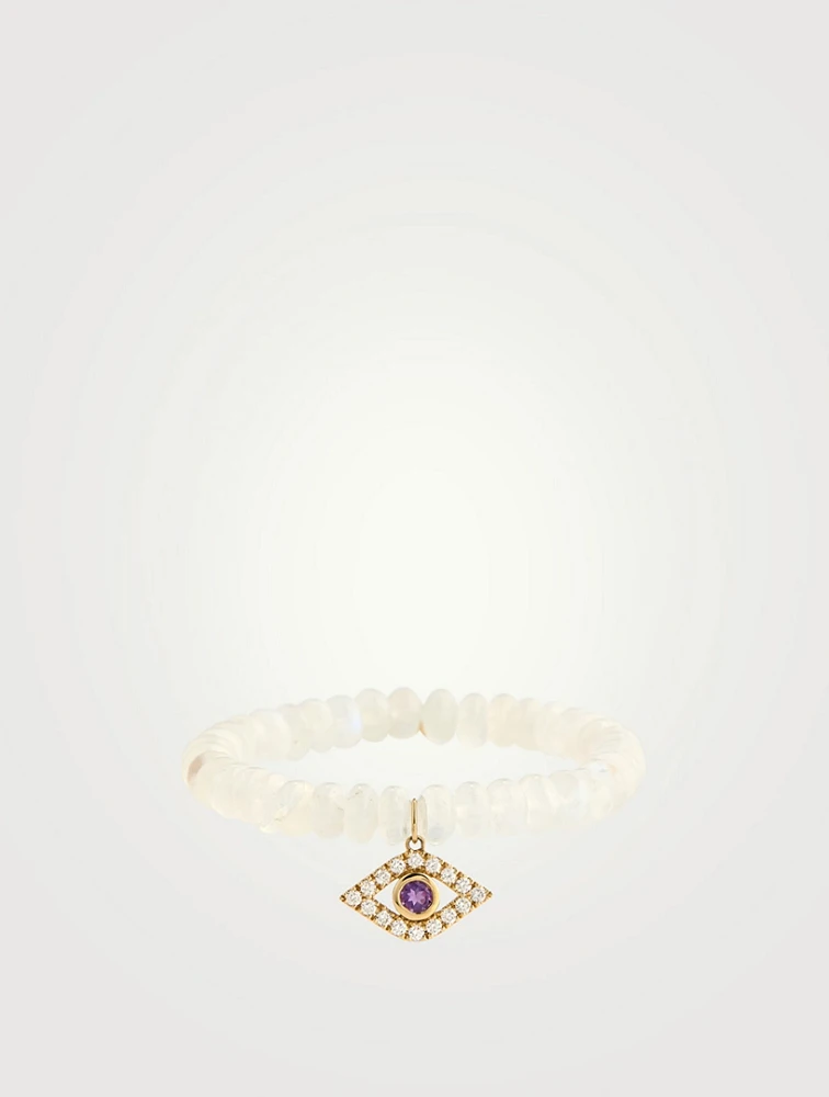 Rainbow Moonstone Beaded Bracelet With 14K Gold Extra Large Bezel Diamond Evil Eye Charm
